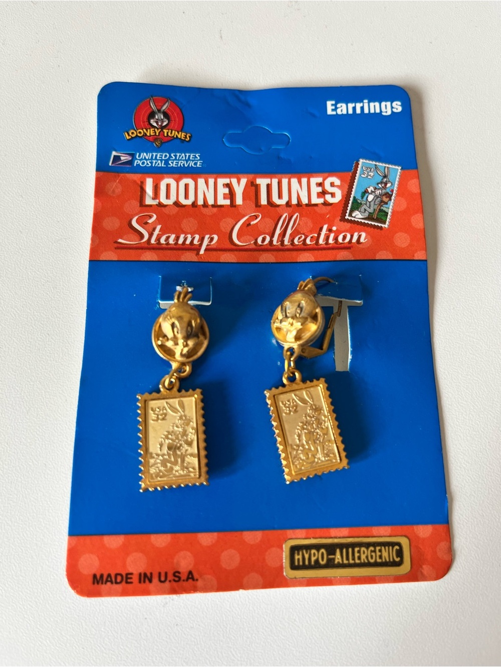 Vintage 90s Looney Tunes Gold Tweety Stamp Drop Earrings